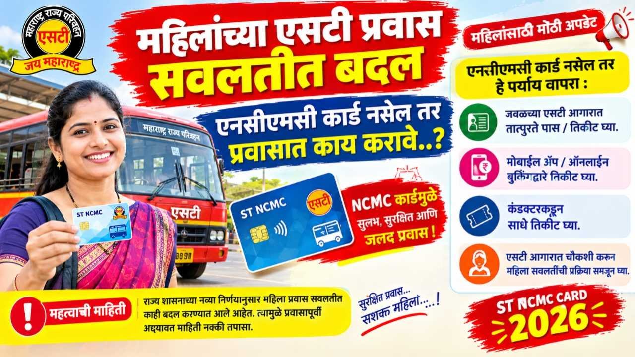 महिलांच्या एसटी प्रवास सवलतीत बदल: एनसीएमसी कार्ड नसेल तर प्रवासात काय करावे..? ST NCMC CARD 2026